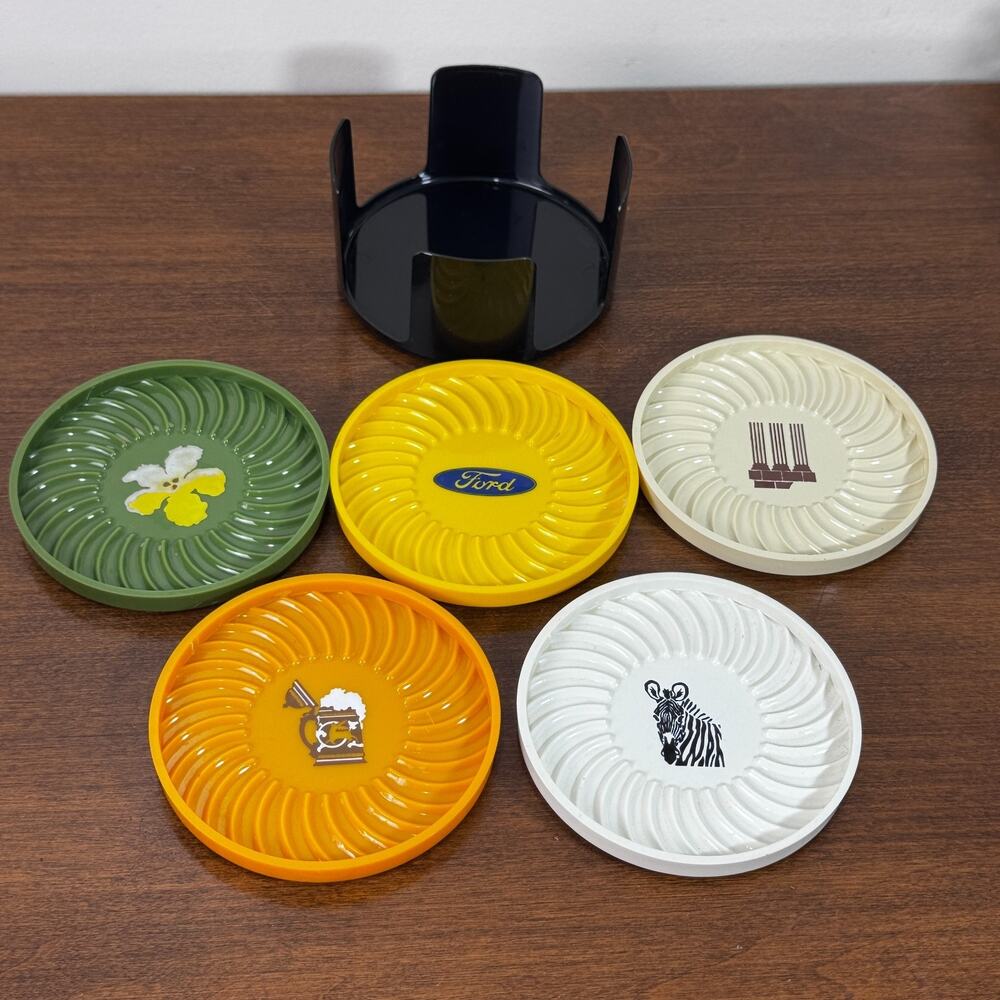 Vintage Plastic Advertising Coasters Salesman Samples with Holder Set of 5